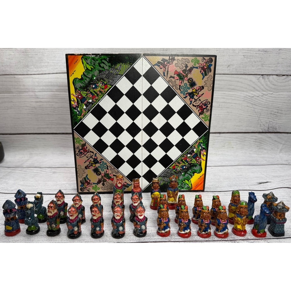 Vintage‎ Peruvian Inca vs Spanish Conquistador Chess Set Hand Painted Wood Board